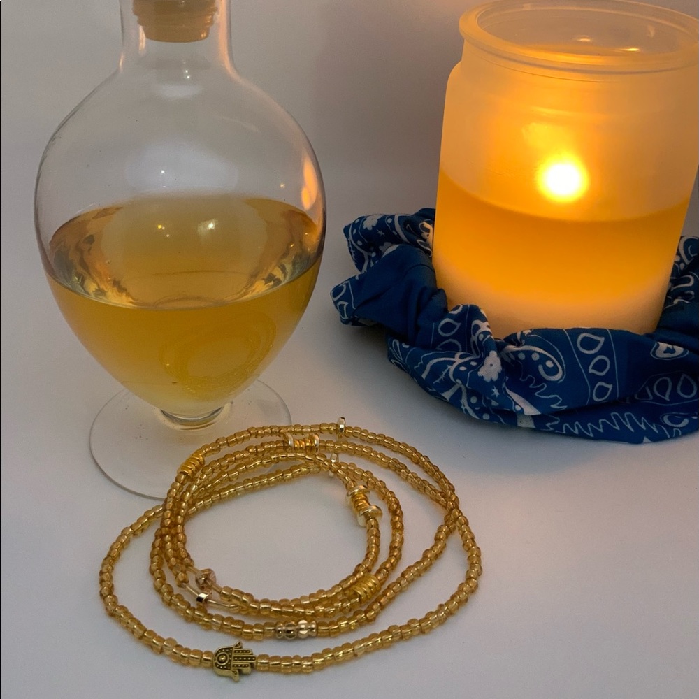 Custom made Gold glass Waist-beads with Hamsa hand charm. 38 inch
